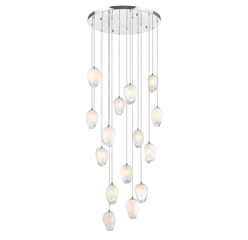 15-Light Chrome Chandelier With White Glass Pendants